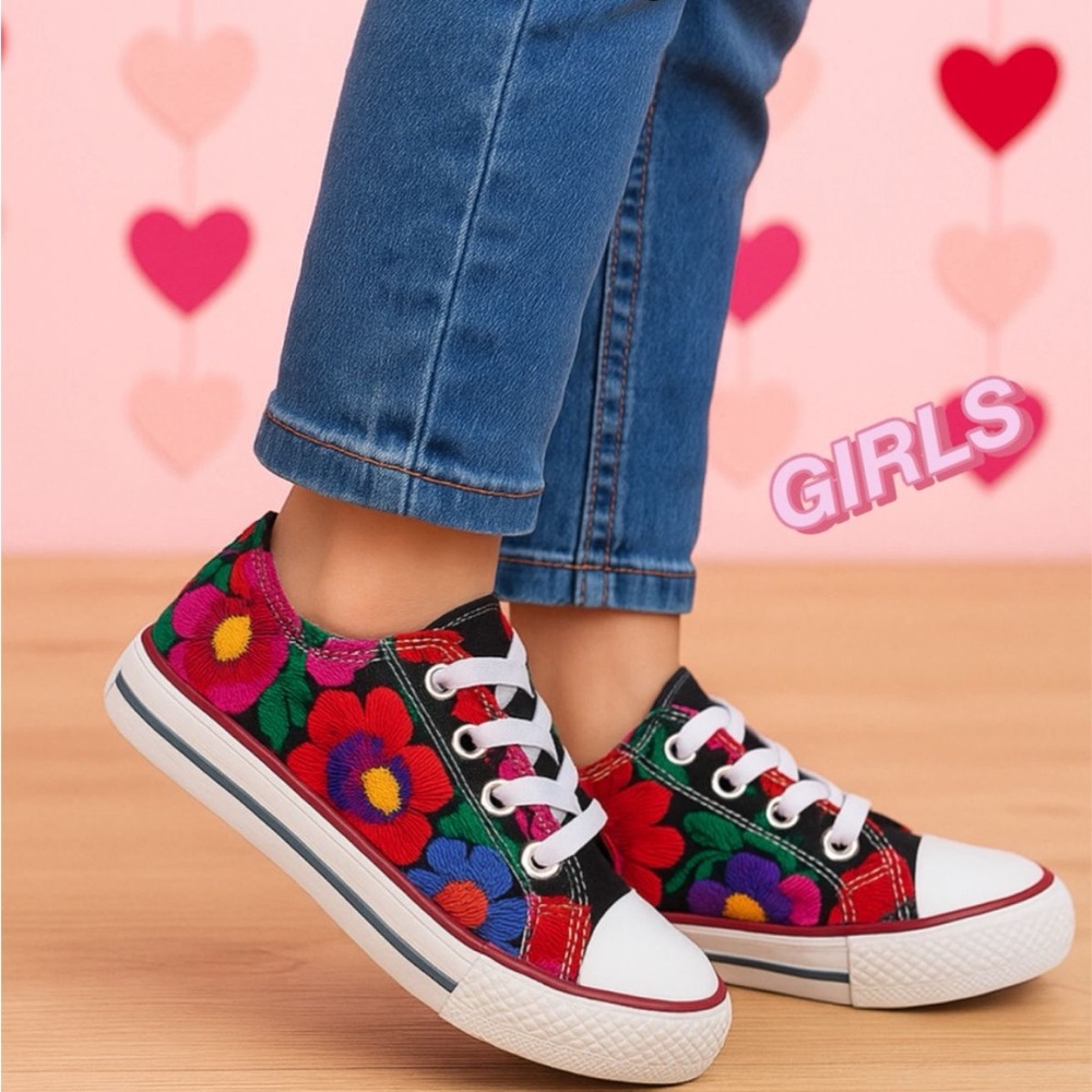 Colorful Embroidered Floral Kids Sneakers